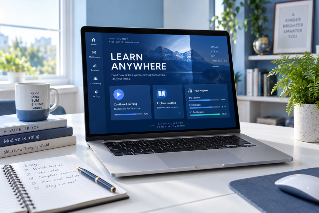 Laptop displaying an online learning platform on a bright study desk