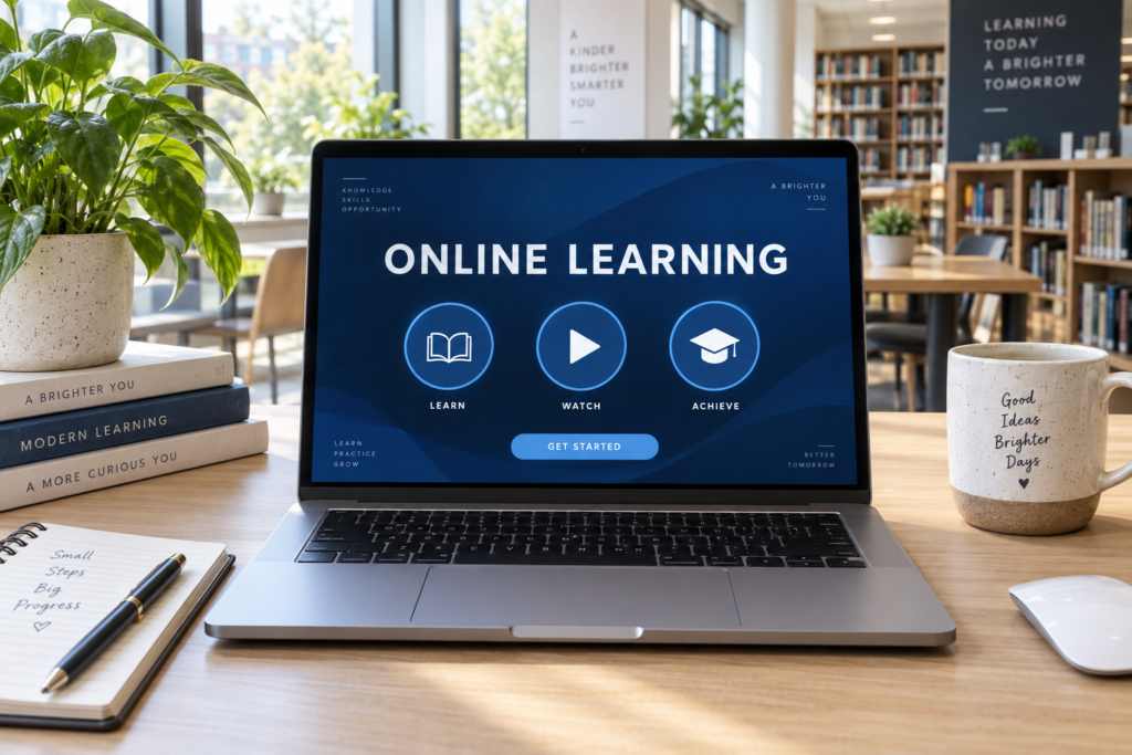 Laptop displaying an online learning platform on a bright study desk